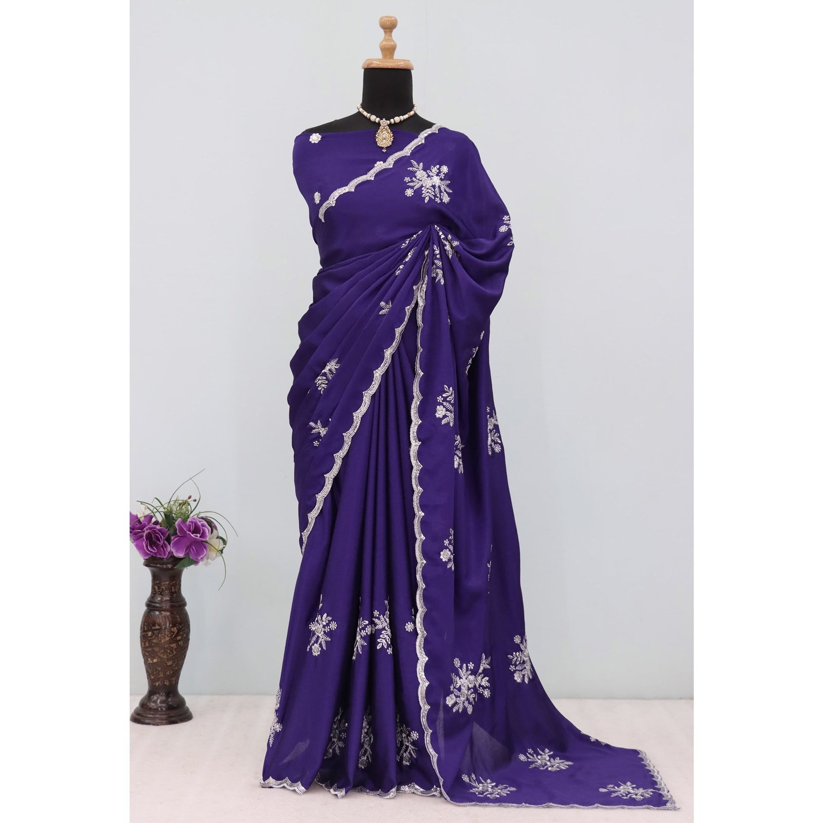 Royal Purple Chinon Saree Adorned With Zari Floral Embroidery & Gleaming Sequins Work - Image 8