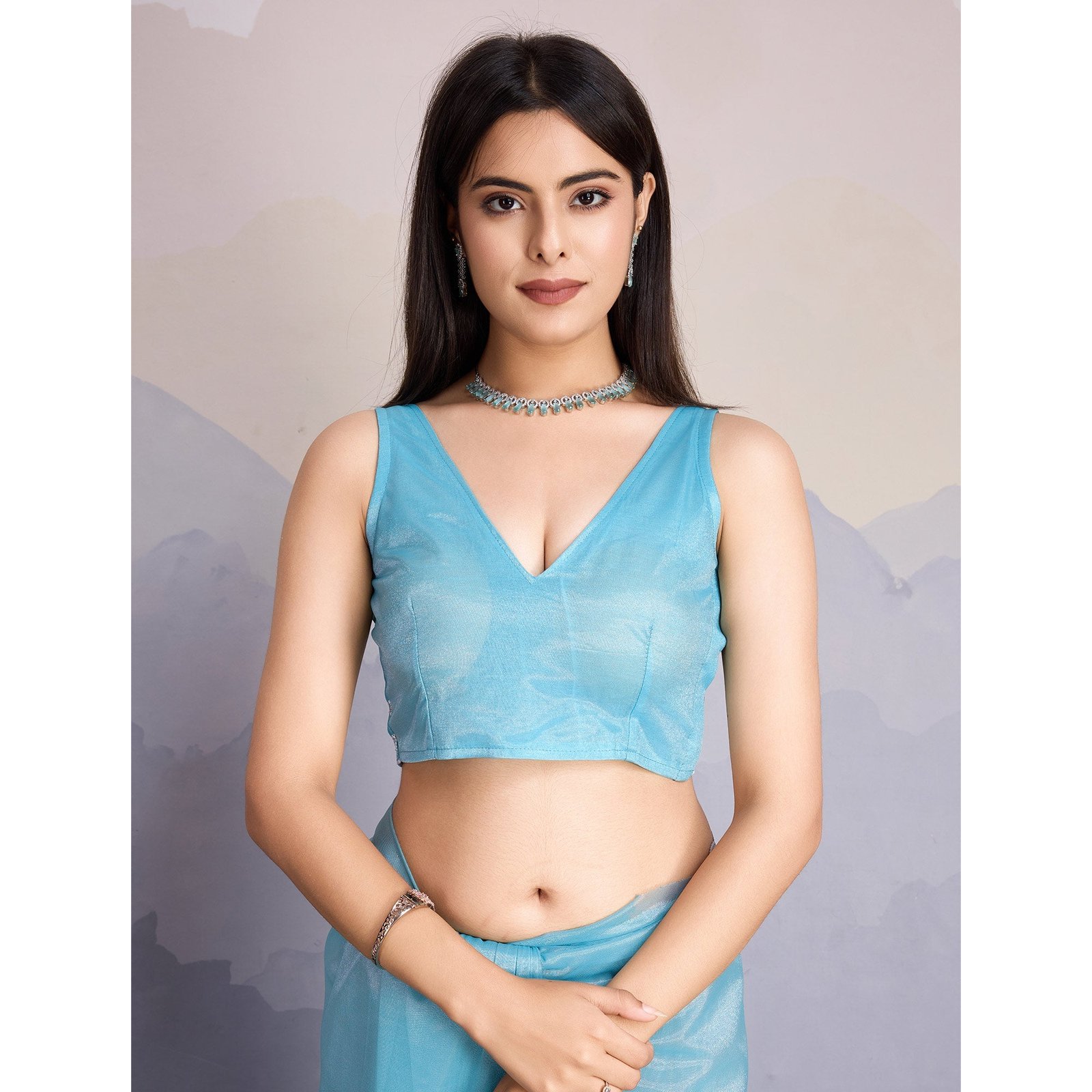 Blue Floral Sequins Embroidered Twill Net Saree - Image 8