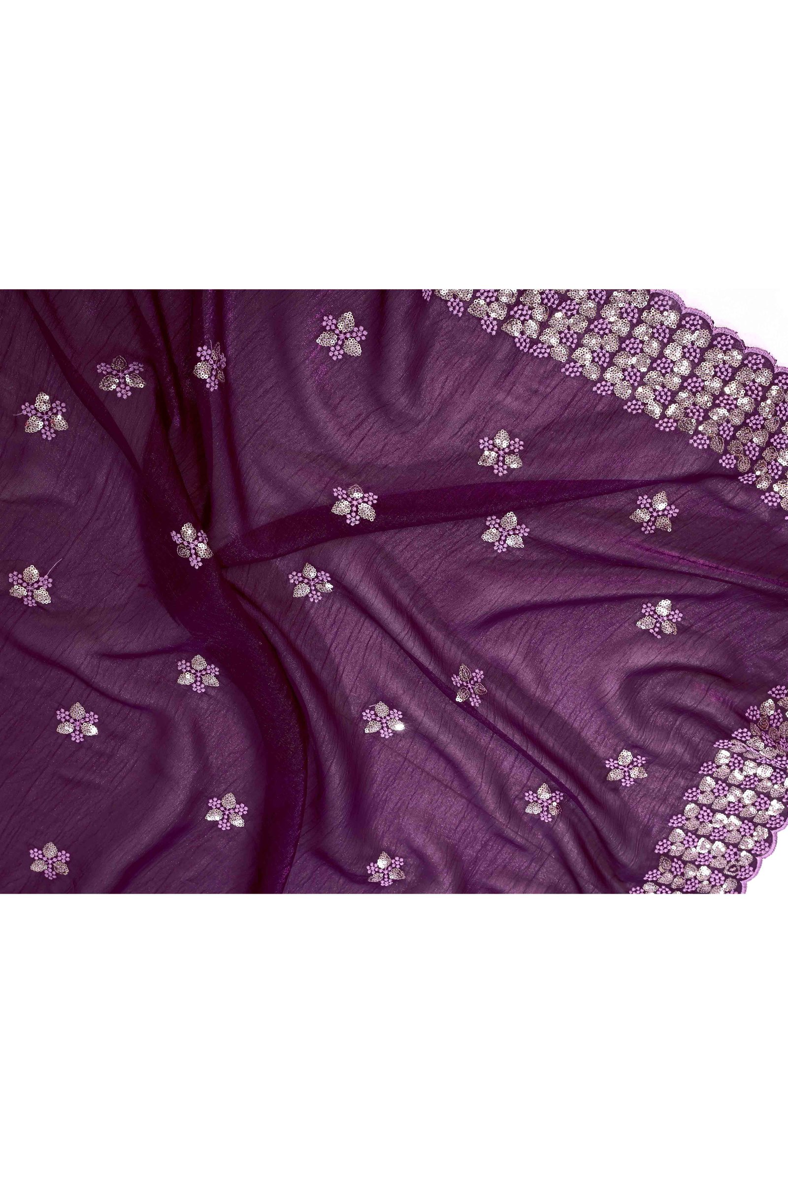 Wine Crunchy Organza Silk Saree Adorned With Intricate Floral Sequins Embroidery - Image 8