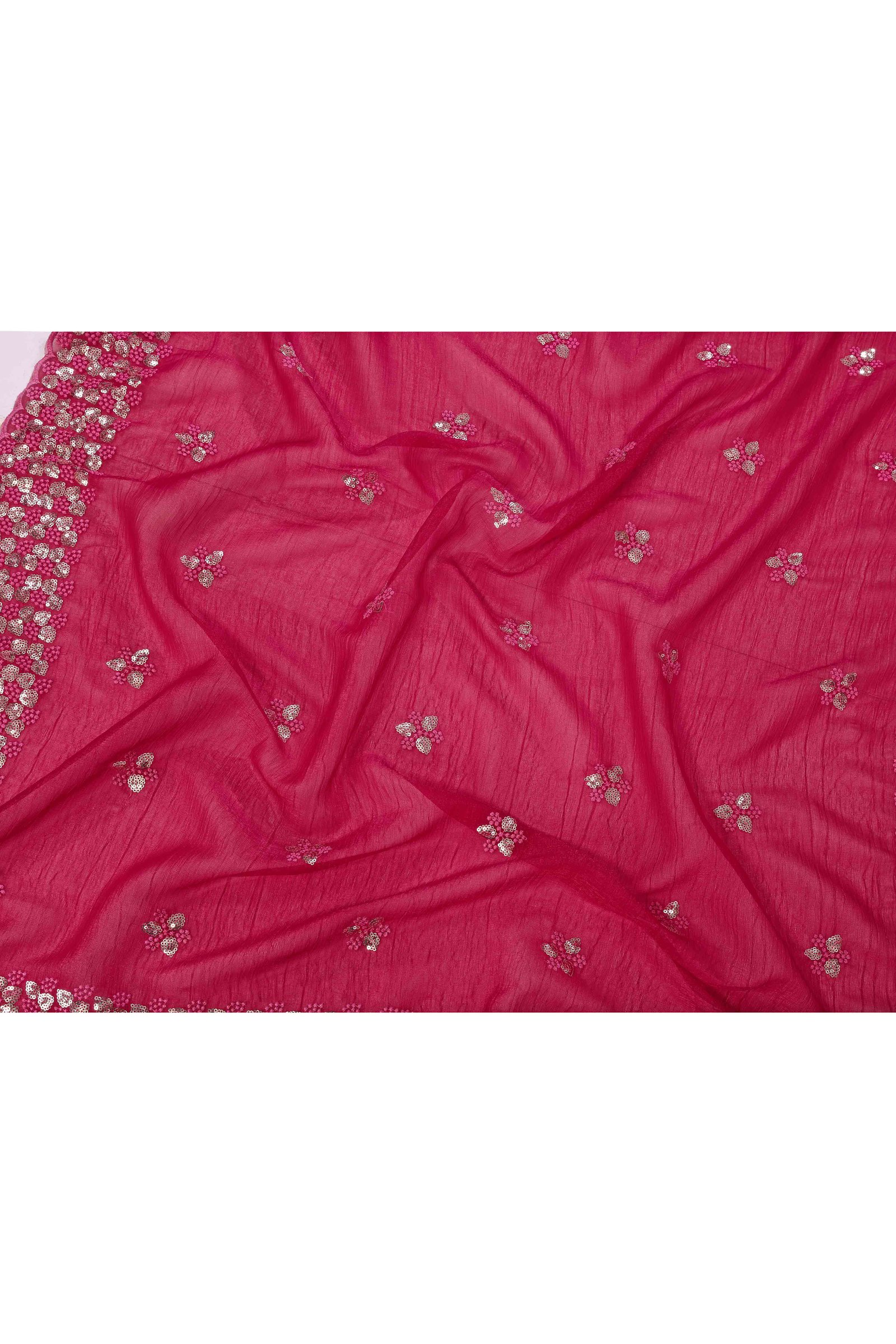 Rani Pink Crunchy Organza Silk Saree Adorned With Intricate Floral Sequins Embroidery - Image 8