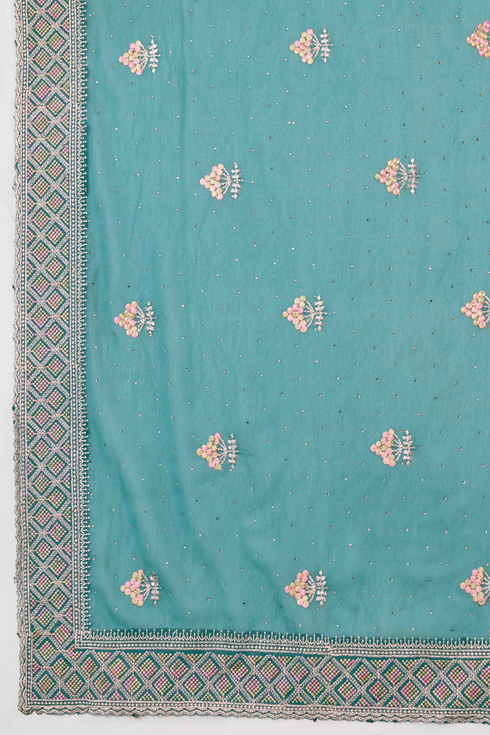 Teal Georgette Saree Featuring Embroidered and Stone Work - Image 8