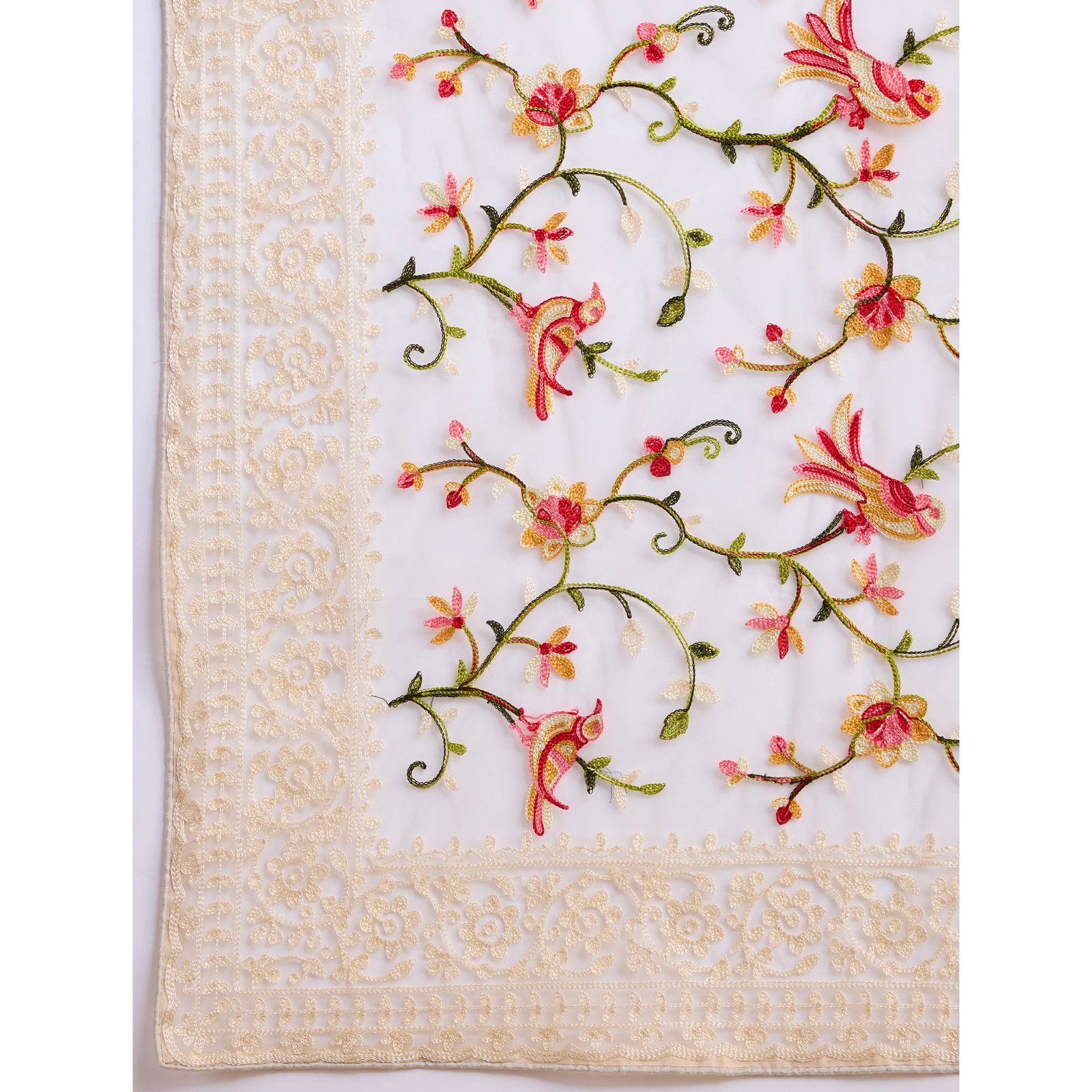 Off White Floral Embroidered Net Saree - Image 8