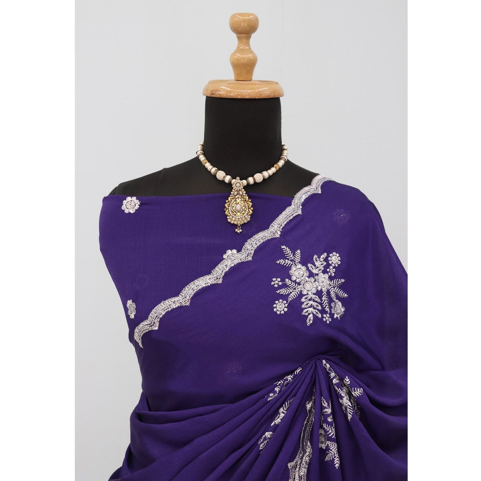 Royal Purple Chinon Saree Adorned With Zari Floral Embroidery & Gleaming Sequins Work - Image 9