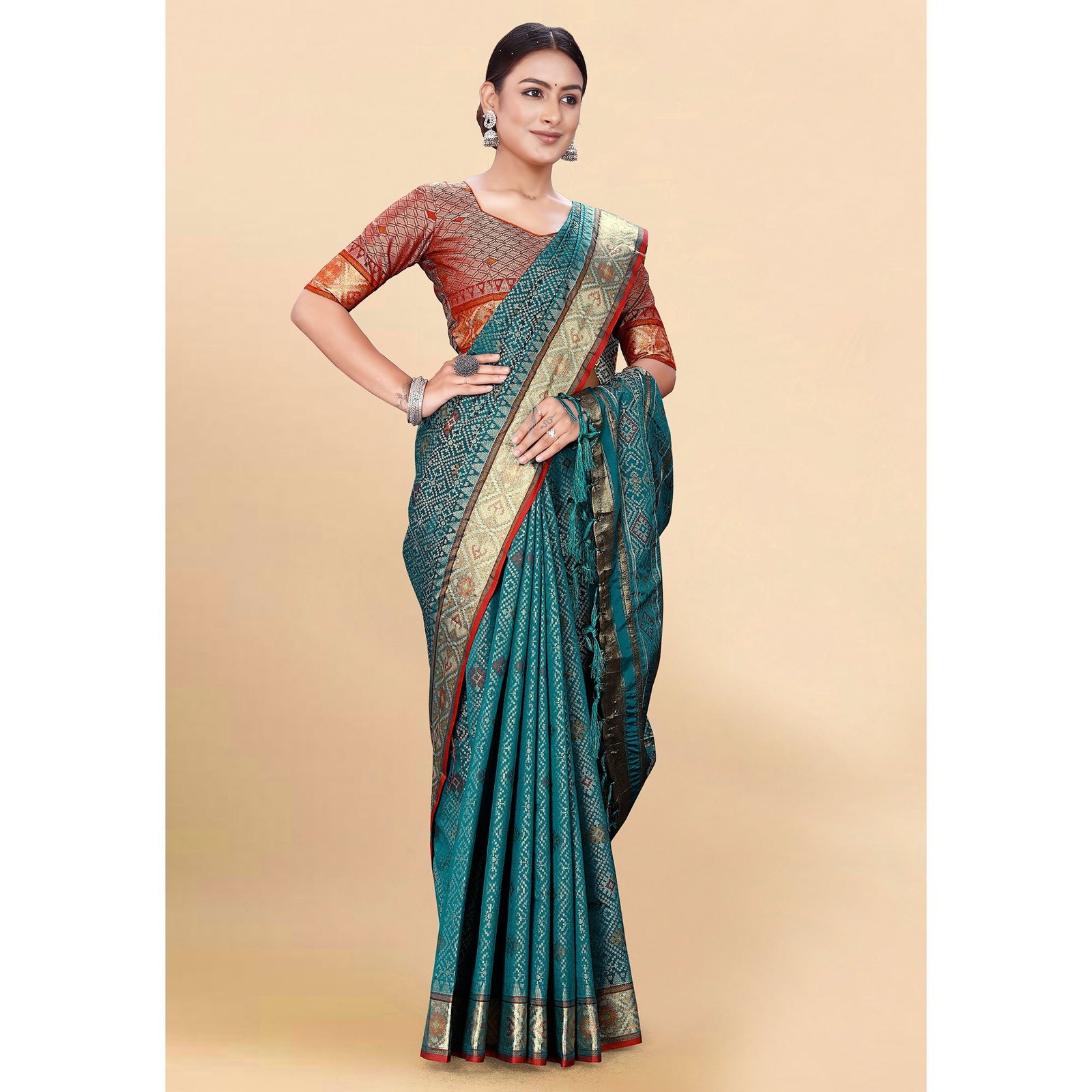 Morpich Woven Patola Art Silk Saree With Tassels - Image 5