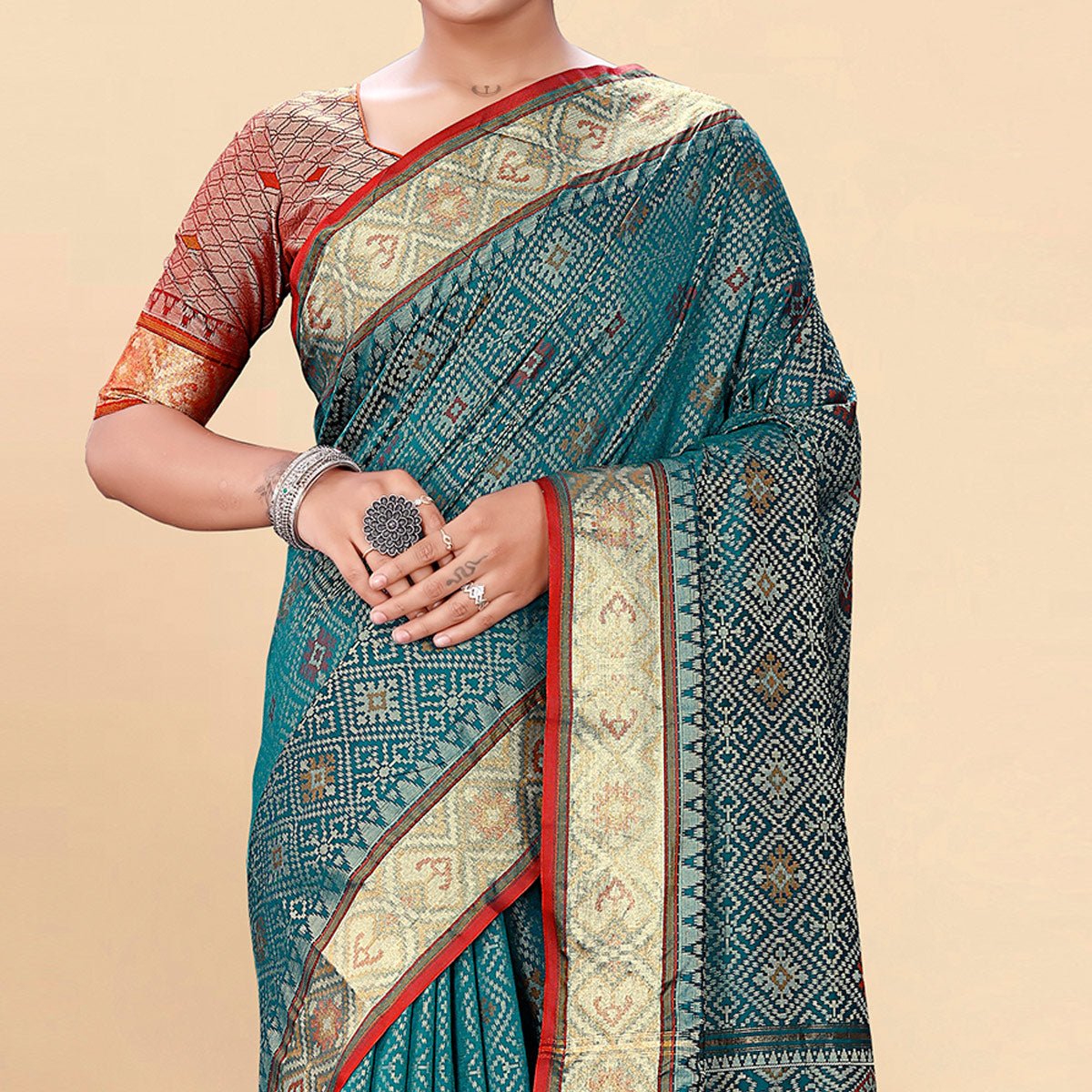 Morpich Woven Patola Art Silk Saree With Tassels - Image 3