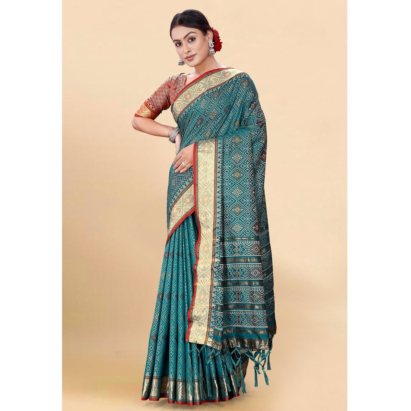Morpich Woven Patola Art Silk Saree With Tassels - Image 4