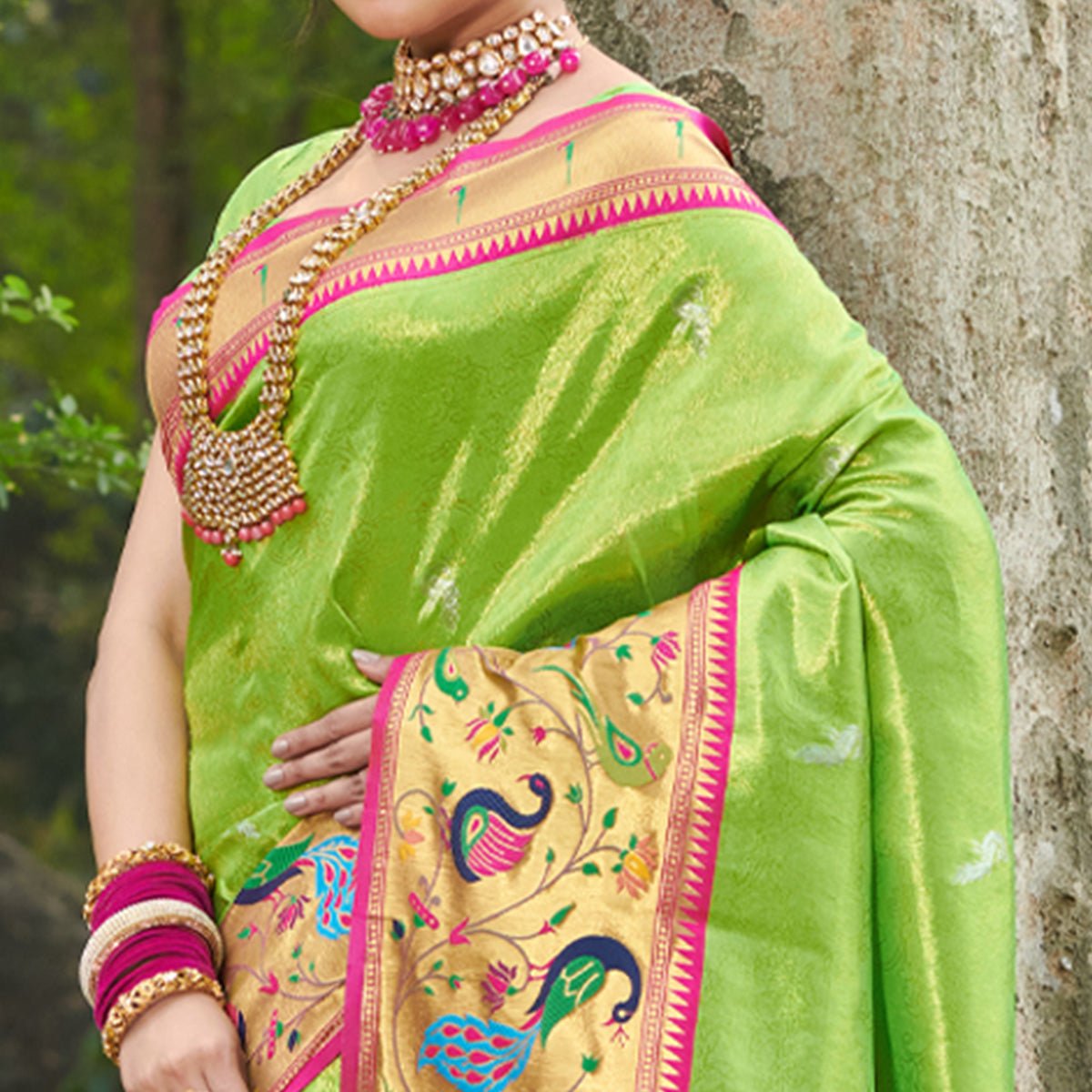 Parrot Green Woven Art Silk Paithani Saree With Tassels - Image 2