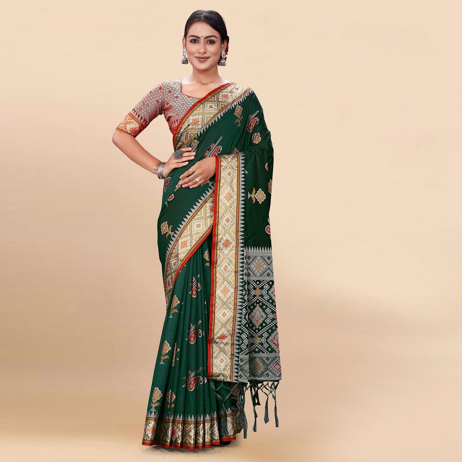 Dark Green Woven Patola Art Silk Saree With Tassels - Image 2