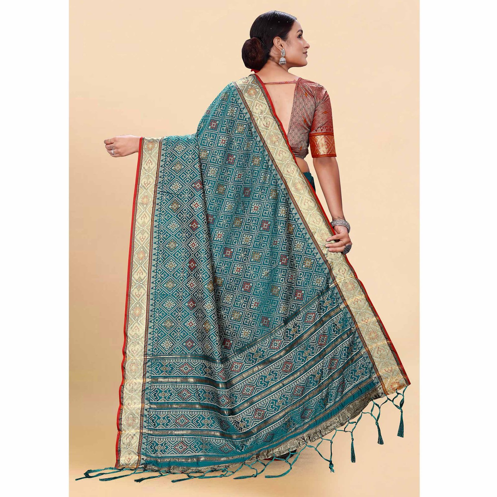 Morpich Woven Patola Art Silk Saree With Tassels - Image 6