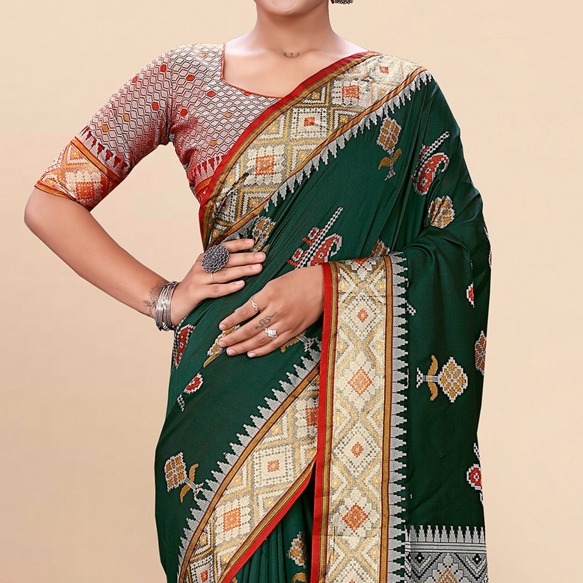 Dark Green Woven Patola Art Silk Saree With Tassels - Image 3