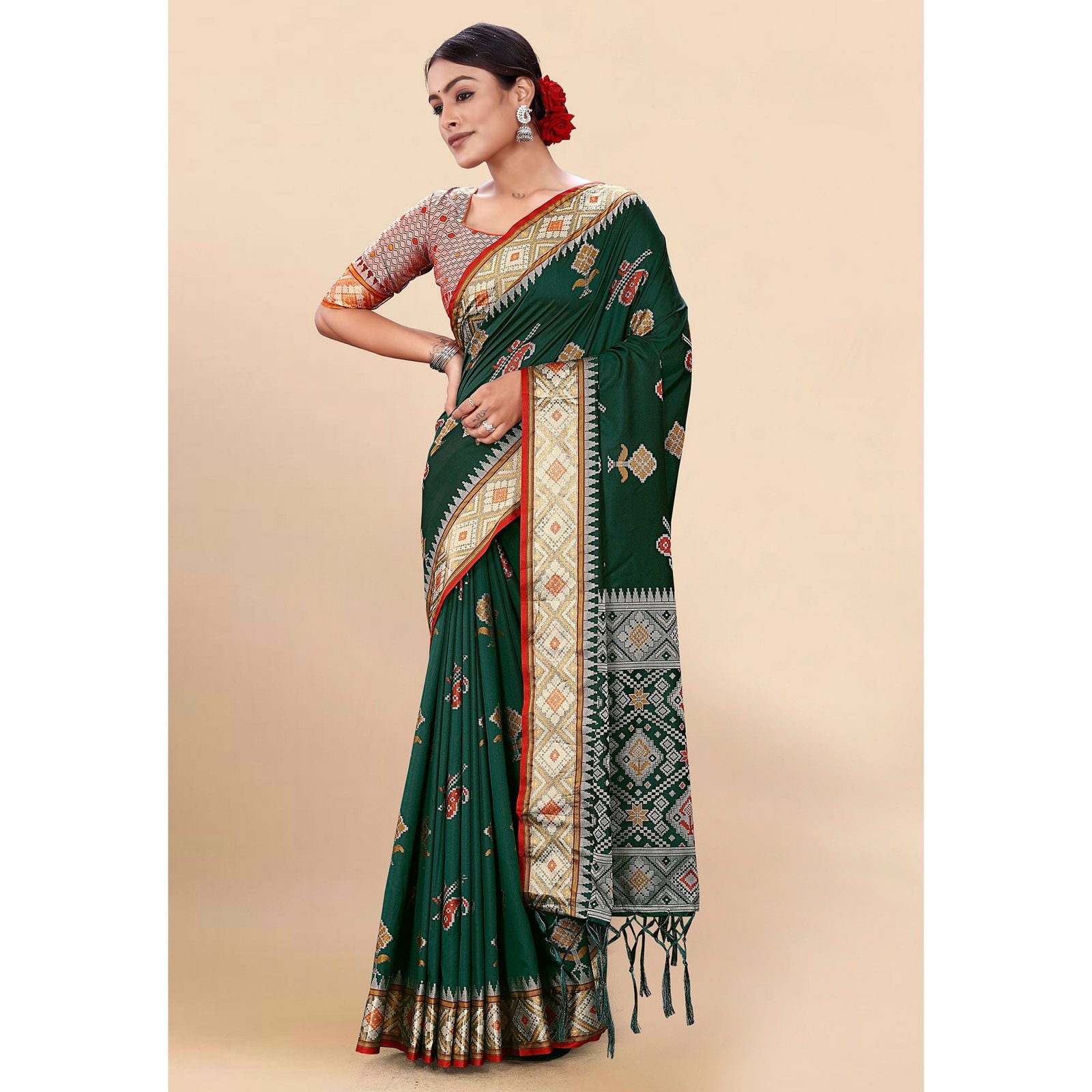 Dark Green Woven Patola Art Silk Saree With Tassels - Image 4