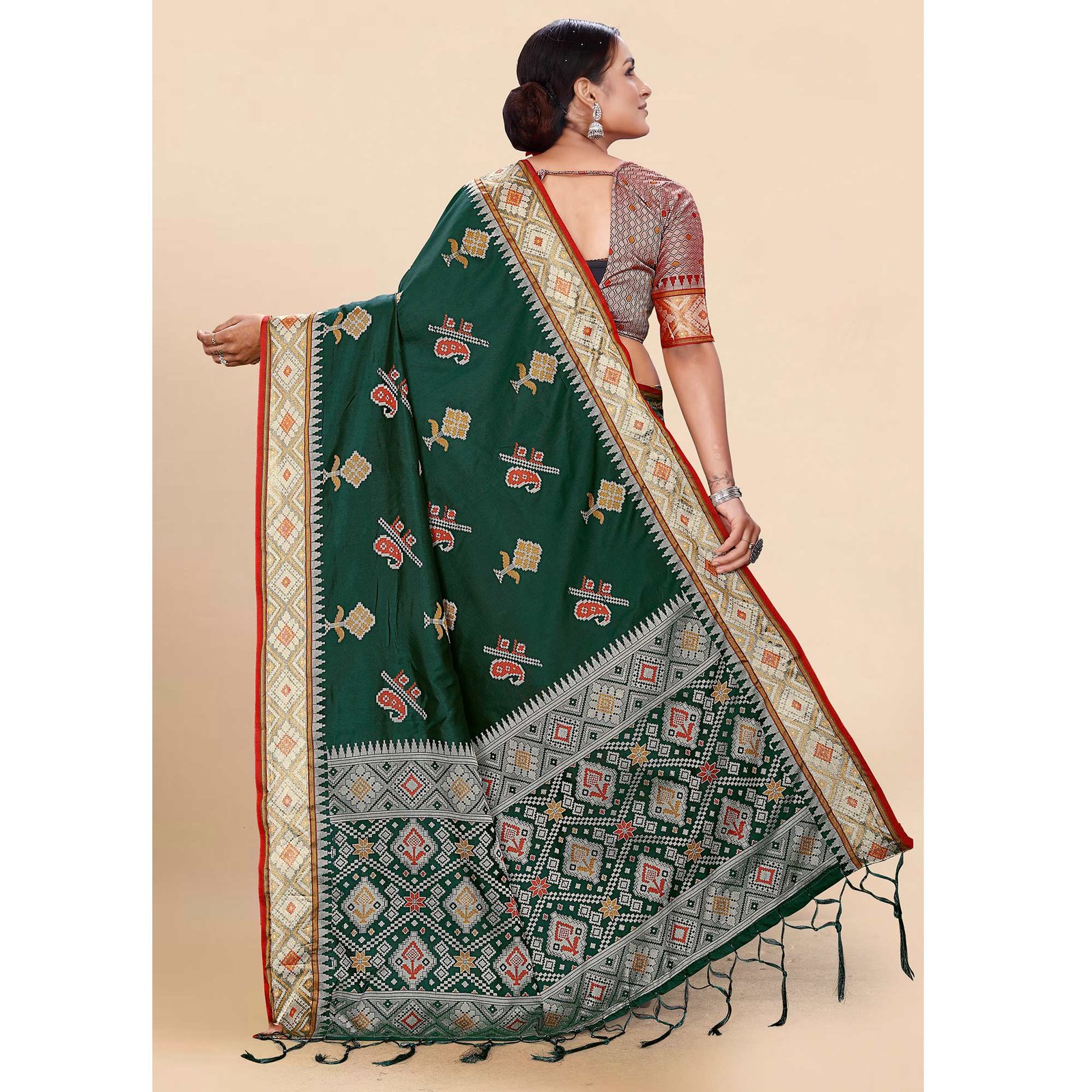 Dark Green Woven Patola Art Silk Saree With Tassels - Image 6