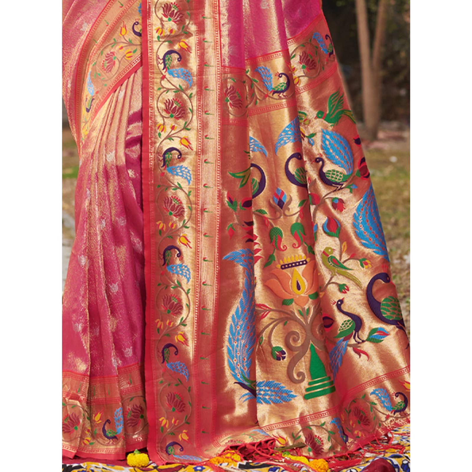 Pink Woven Art Silk Paithani Saree With Tassels - Image 5