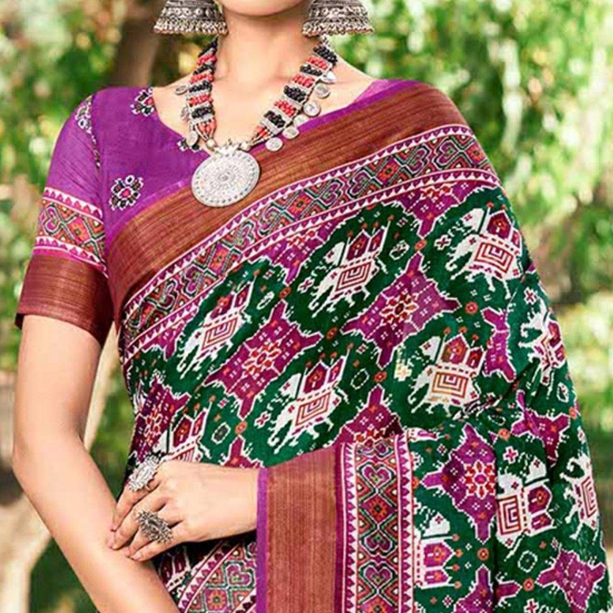 Green-Purple Patola Printed Cotton Silk Saree With Tassels - Image 2