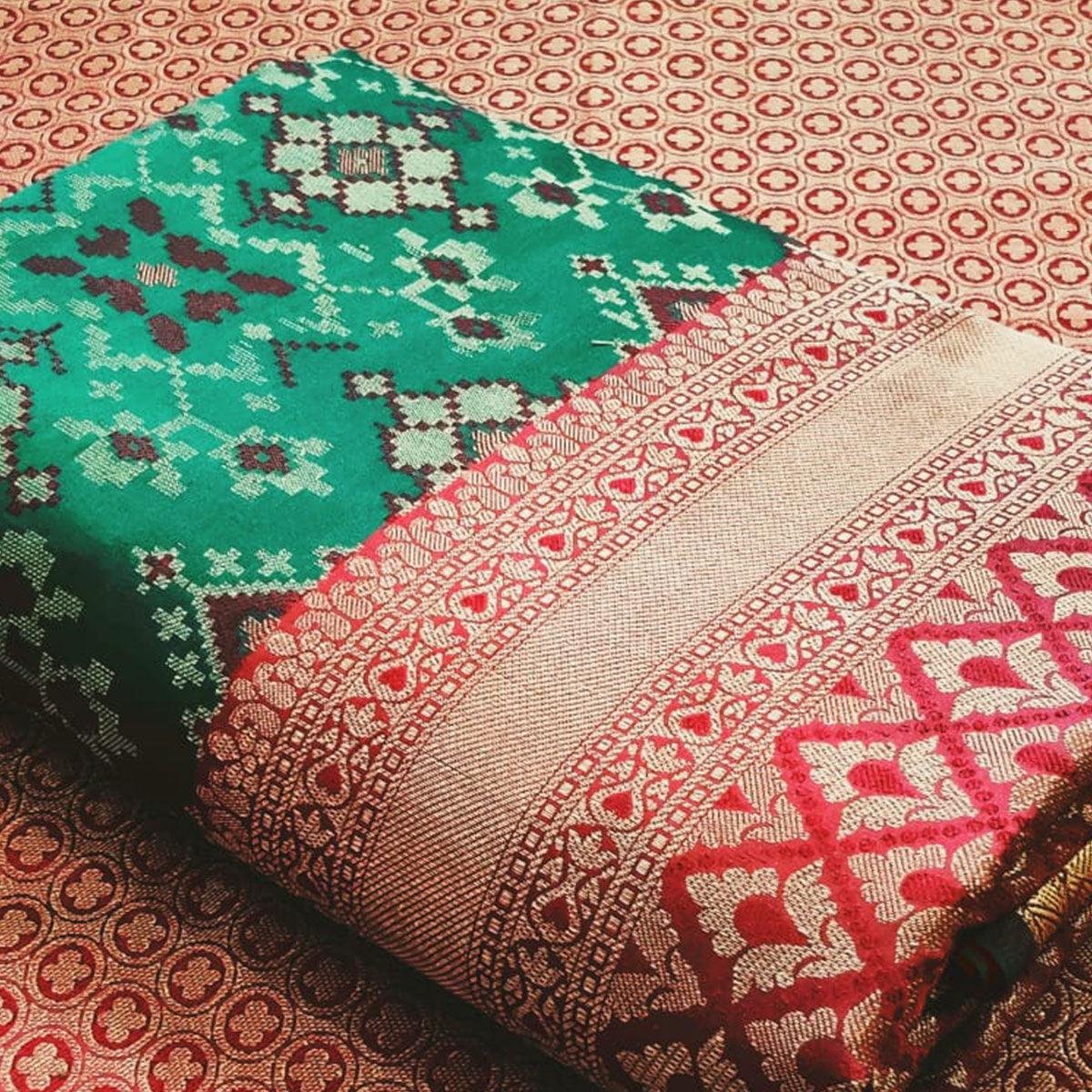 Stunning Rama Green Colored Festive Wear Woven Patola Silk Saree - Image 2